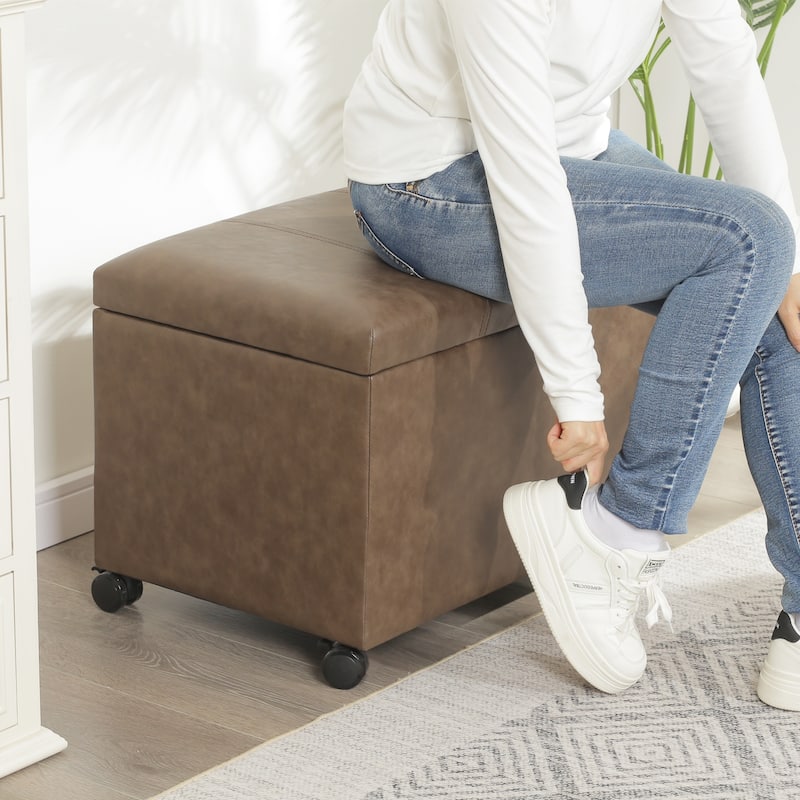 Adeco Faux Leather Storage Ottoman for Living Room Footstool