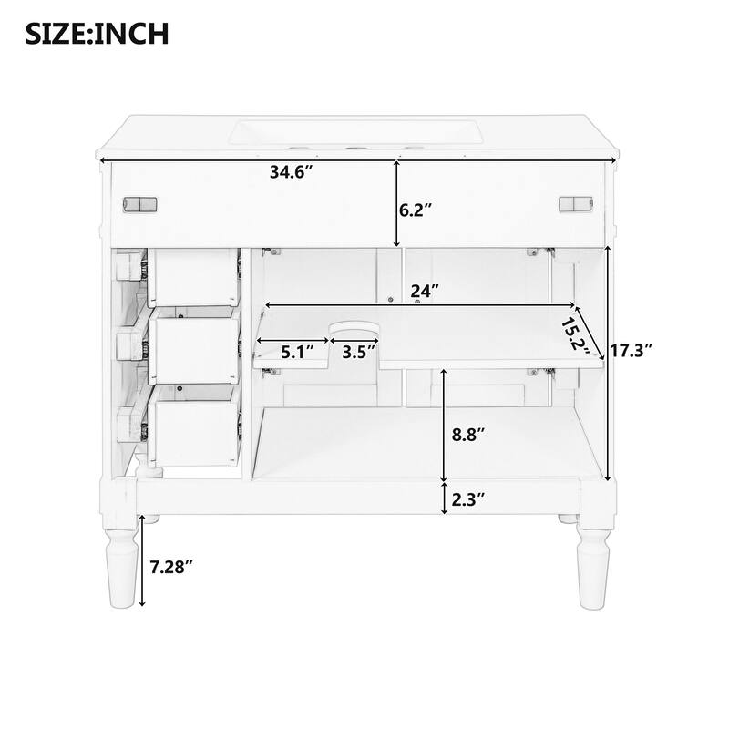 GDFStudio - Hellie 36" Modern Bathroom Vanity with Ceramic Sink - Soft-Close Doors, Drawers & Adjustable Storage