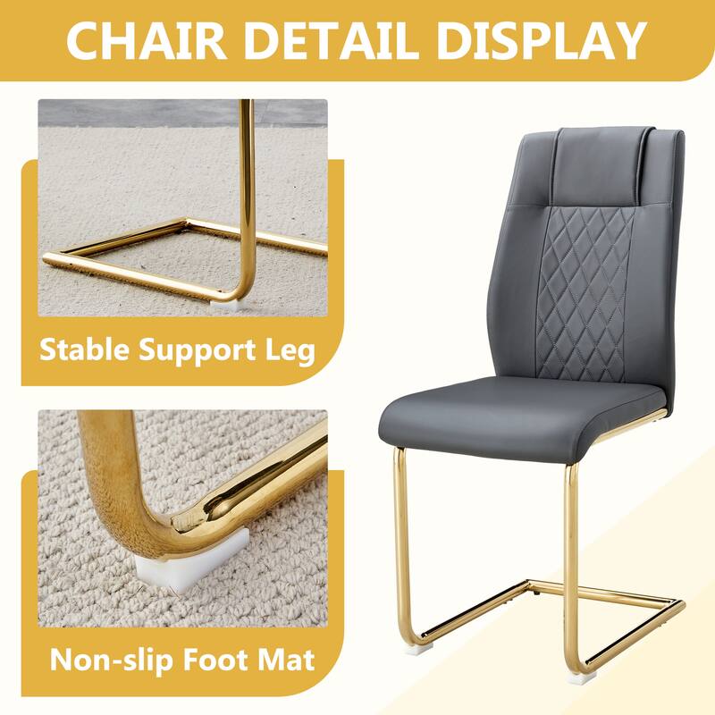 Rectangular Dining Table Set for 6-8 People, Modern Glass Table with Faux Leather Chairs