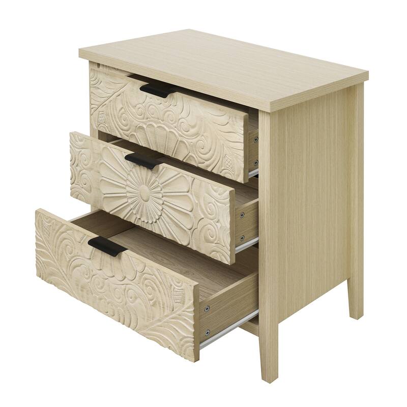 Roomfitters 3 Drawer Dresser Storage Cabinet, Carved Wood Chest of Drawers, Natural