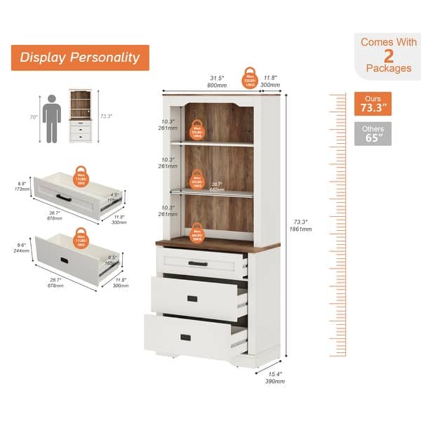 dimension image slide 8 of 9, 3 Tier Bookcase with Drawer,73.3" Tall Floor Standing Bookshelf