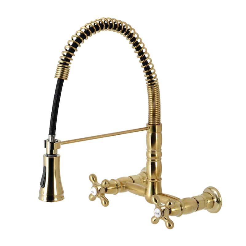 Kingston Brass Heritage Two-Handle Wall-Mount Pull-Down Sprayer Kitchen Faucet - Brushed Brass