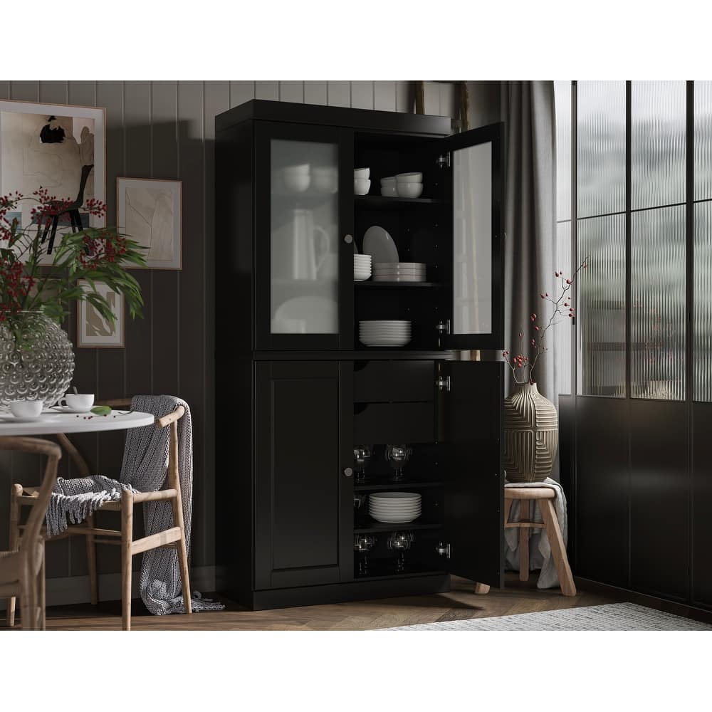 Palace Imports 100% Solid Wood Pantry Cabinet with Frosted Glass Doors, Solid Doors, 2-Drawers and Adjustable Shelves