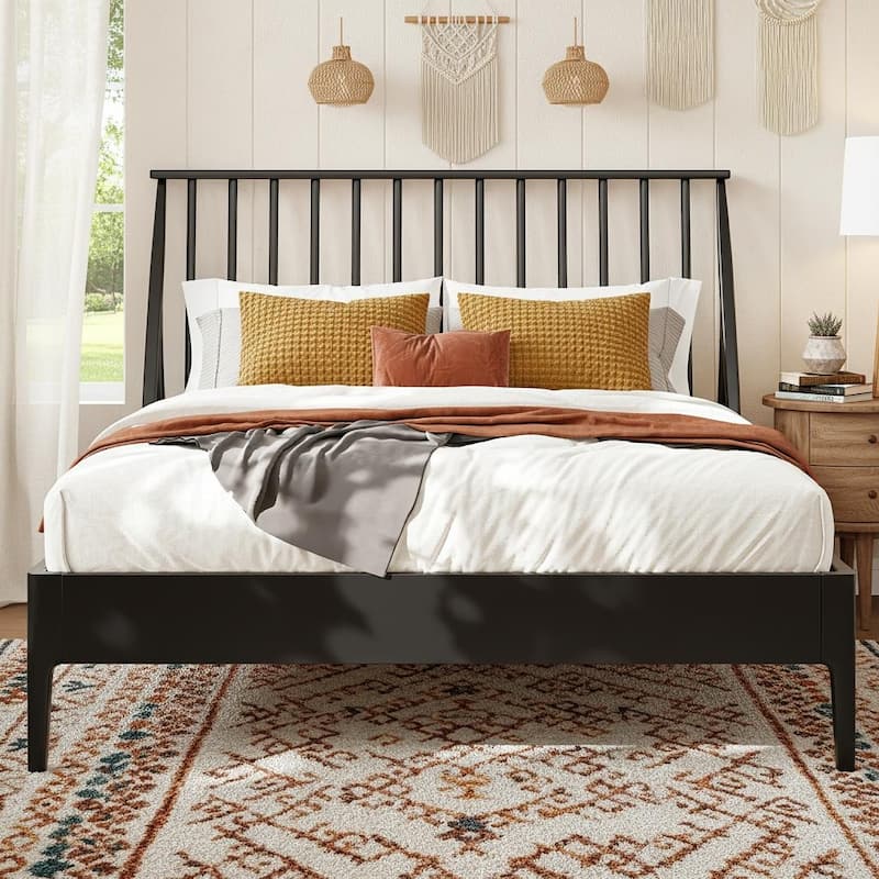 Modern Boho Bamboo Bed Frame with Metal Support by Harper&Bright Designs - Black - King
