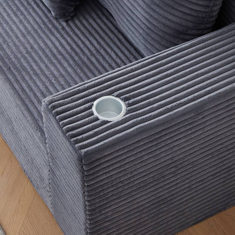 Modular Sectional Cloud Couch, Oversized Corduroy Fabric Deep Seat Sofa, Upholstered Sofa with Armrests & Cup Holders