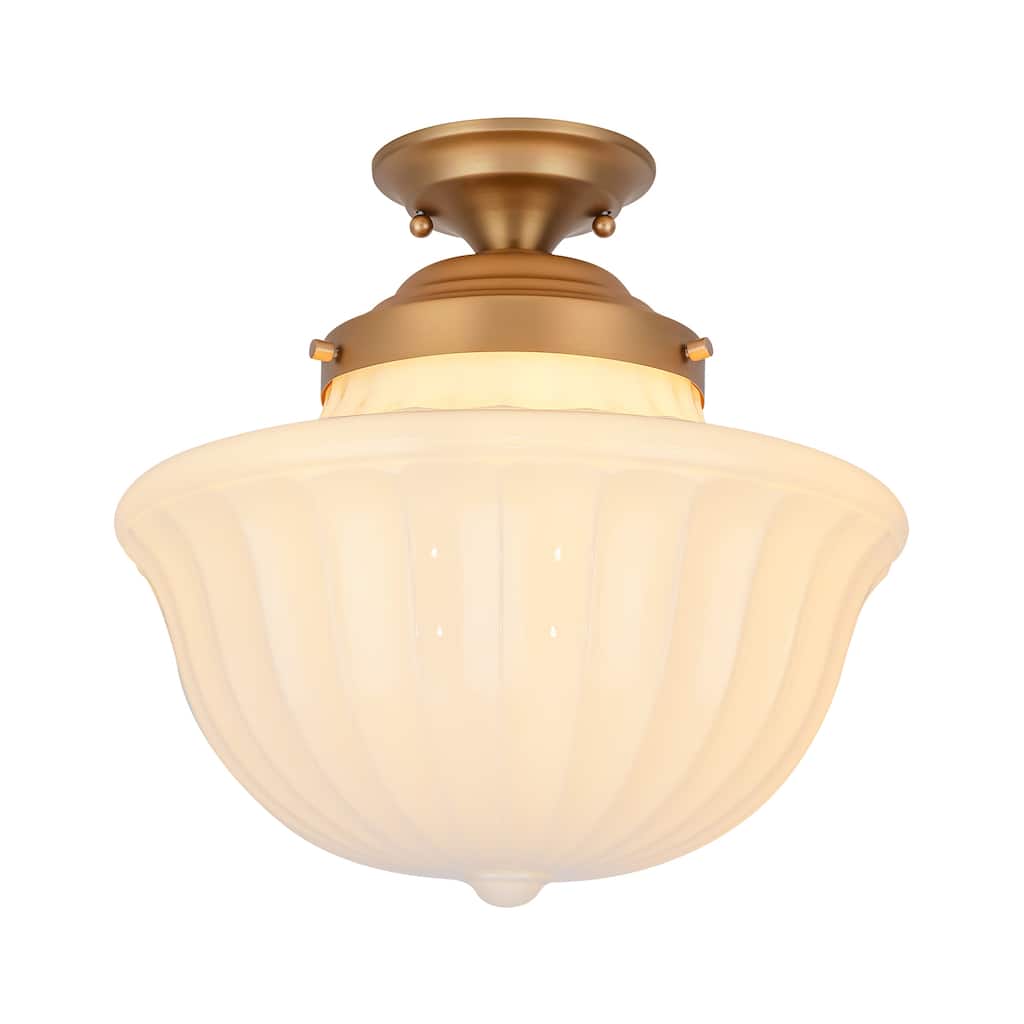 1-Light 14.9" Mid-Century Modern Gold Geometric Cone Milky White Glass Semi-Flush Mount Light - 14.9 in. W x 14.5 in. H