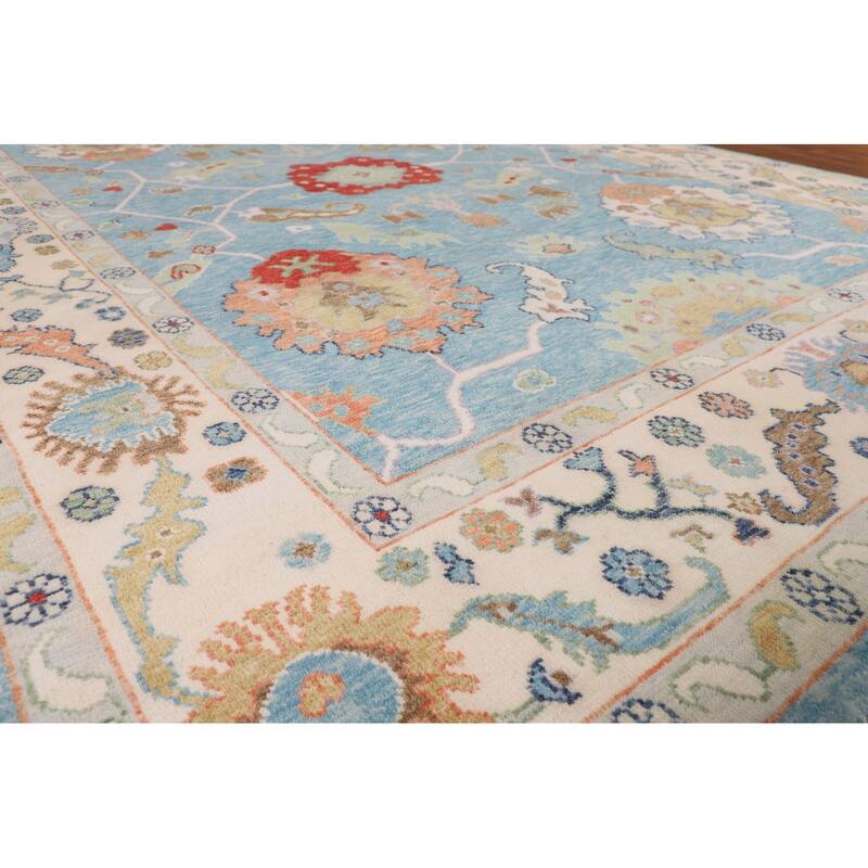 Light Blue & Ivory Floral Oushak Indian Rug Hand-Knotted Wool Carpet - 8'8"x 11'9"