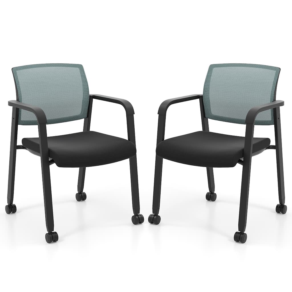 Grey Mesh Stackable Office Guest Chairs with Armrests and Rolling Casters - 23" L x 22.5" W x 32" H