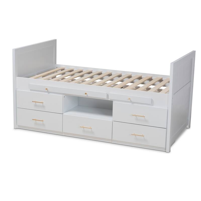 Twin Storage Bed with Desk - 5 Drawer Wood Bed Frame - White Finish - Kids Bedroom Furniture