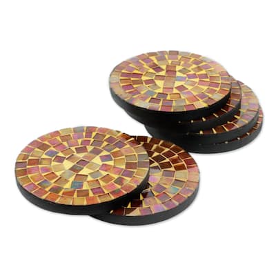 NOVICA Artisan Handblown Glass Coasters Round Tile In India Purple Tableware Barware Mosaic 'Earth's Vanity'(Set Of 6)