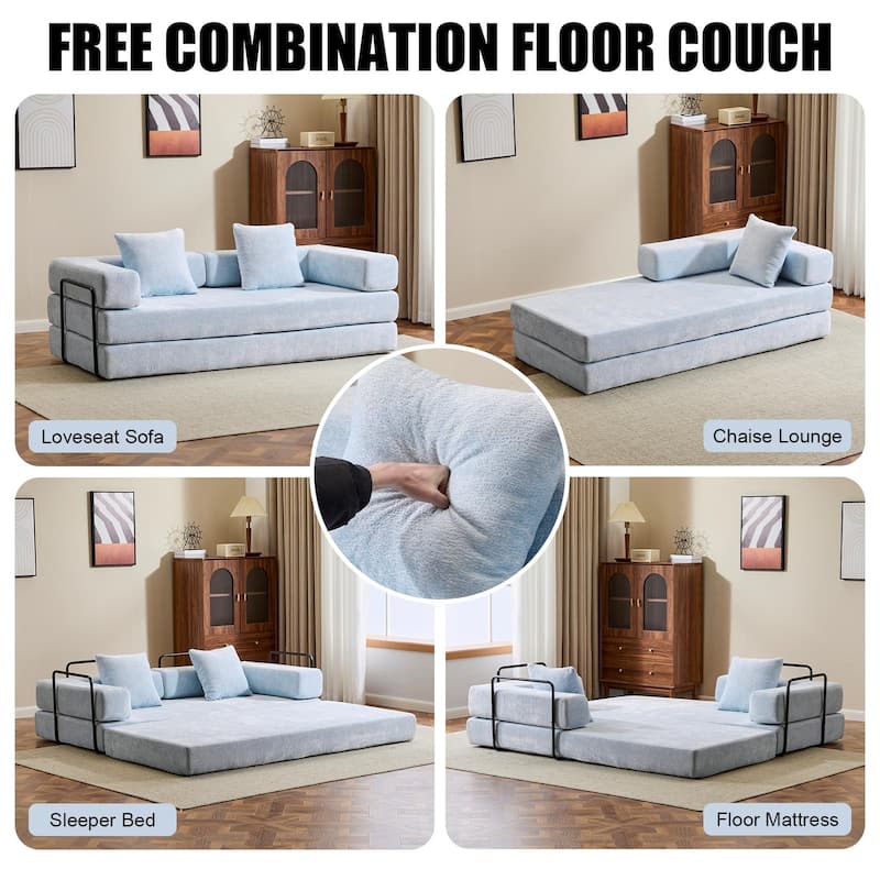 Floor Sofa Bed Convertible with Pillow Back Chenille Fabric for Living Room Bedroom