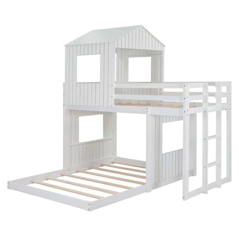 L-Shaped Bunk Bed Playhouse Wooden Twin Over Full House Bed, Loft Bed with Ladder and Guardrails for Bedroom Kids Play & Sleep