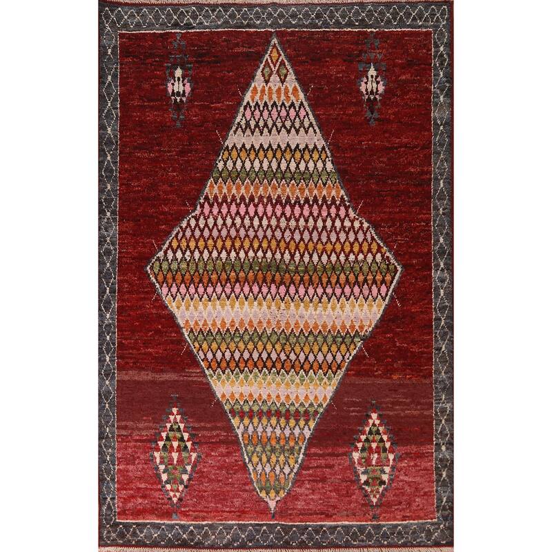 Hand Knotted Oriental 100% Wool Carpet Modern Tribal Red Moroccan Area Rug - 9' 8'' X 6' 11''