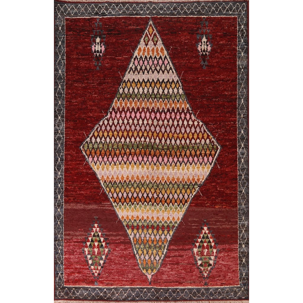 Hand Knotted Oriental 100% Wool Carpet Modern Tribal Red Moroccan Area Rug - 9' 8'' X 6' 11''