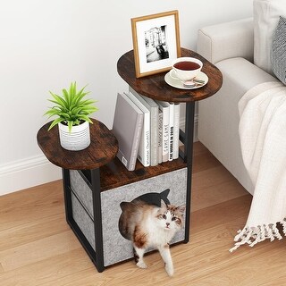 Multi-Functional Round Side Table with Cat Condo and 3-Tier Storage for ...