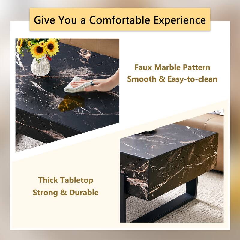 47.2" Modern Rectangular Coffee Table with Black Metal Legs and Anti-Slip Bottom Design