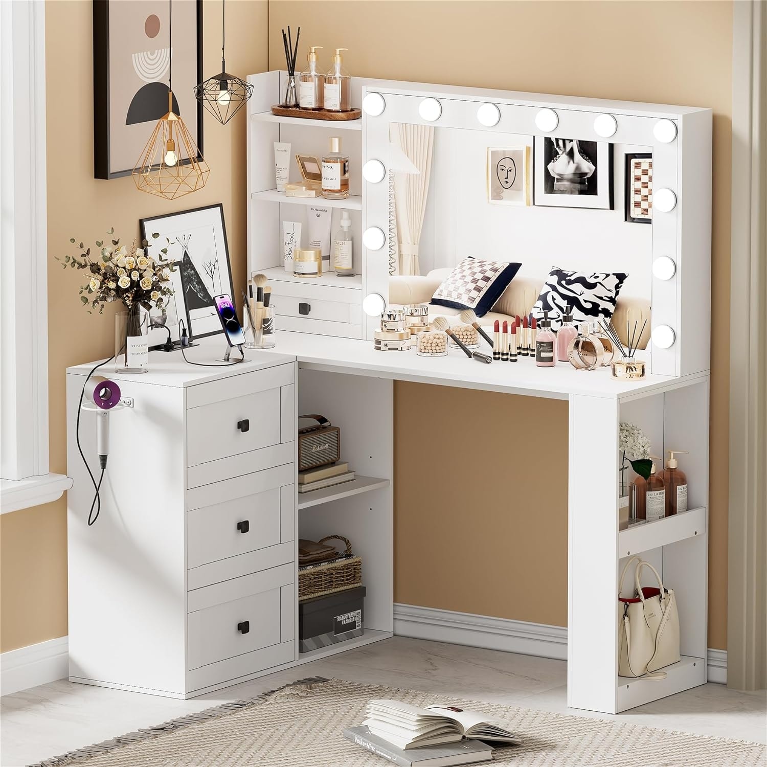 Vanity Desk with Mirror and Lights Corner Makeup Table with 3 Color Lighting On Sale Bed Bath Beyond 39990249