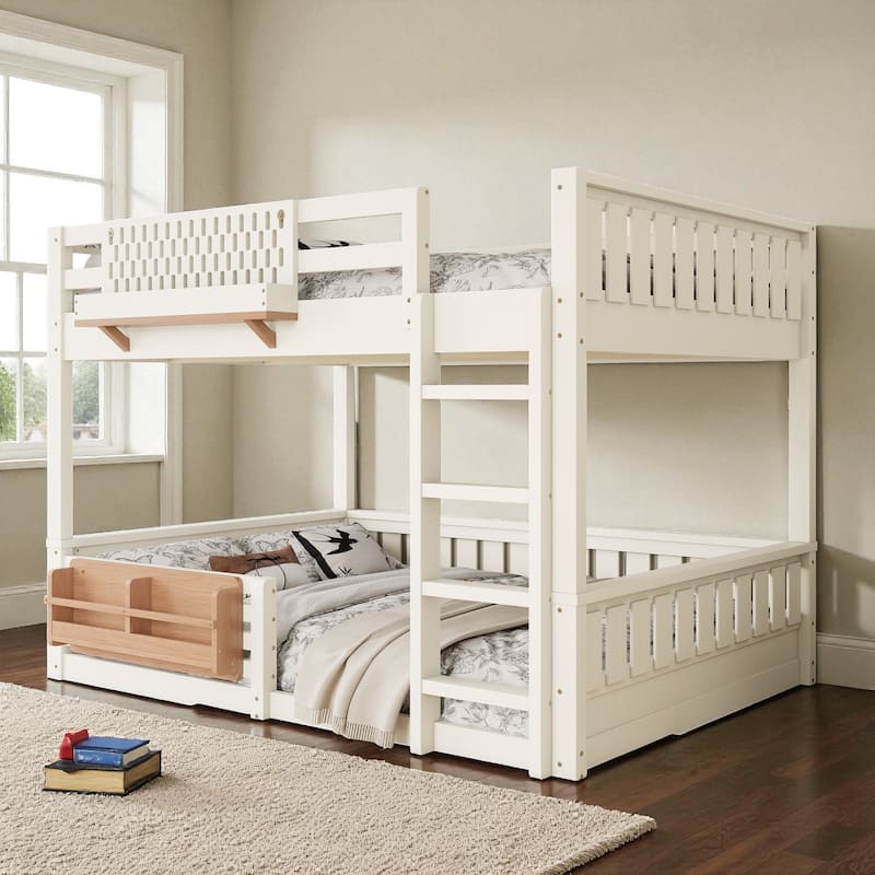 Queen over Queen Bunk Bed with Ladder, Guardrails, Pegboard Storage & Built-In Bookshelf, Solid Wood Frame