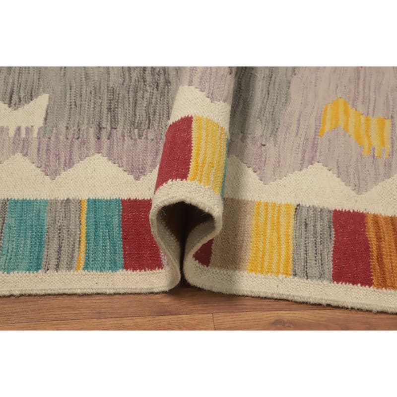 Hand Woven Oriental 100% Wool Carpet Southwestern Tribal Greys & Charcoal Kilim Area Rug - 8' 3'' X 4' 9''
