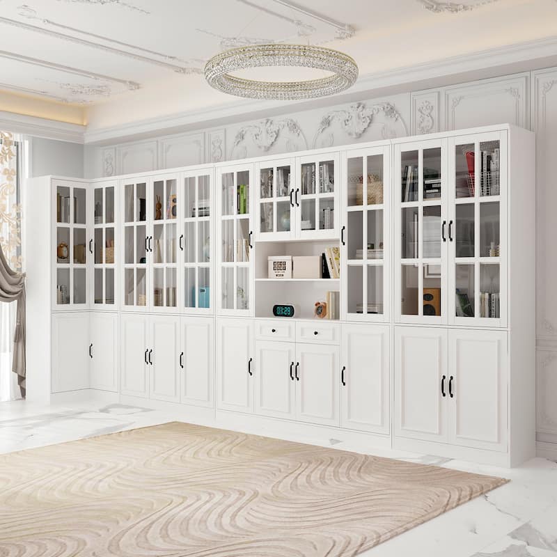 78.7"H Combo Buffet Sideboard White Curio Bookcase Cabinet Glass Door