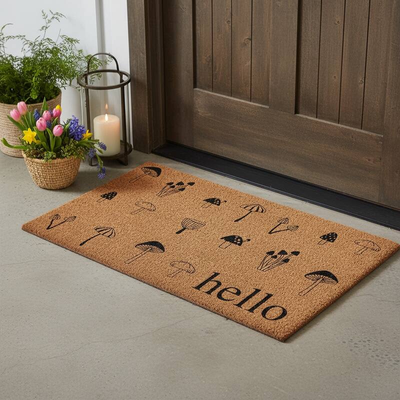 HomeRoots 24" X 36" Brown And Black Mushrooms Hello Outdoor Coir Door Mat - 24.00' X '36.00 - 24.00' X '36.00