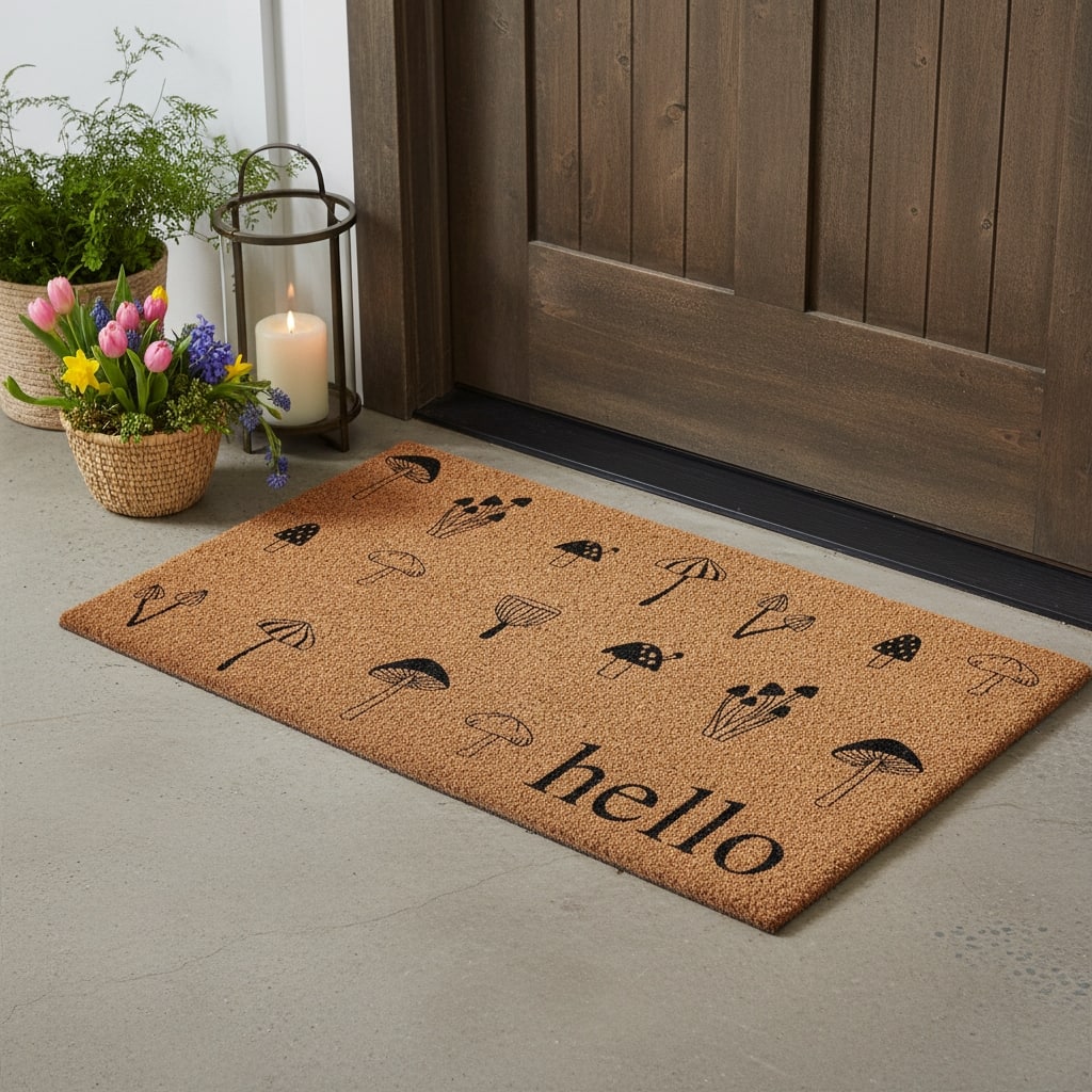 HomeRoots 24" X 36" Brown And Black Mushrooms Hello Outdoor Coir Door Mat - 24.00' X '36.00