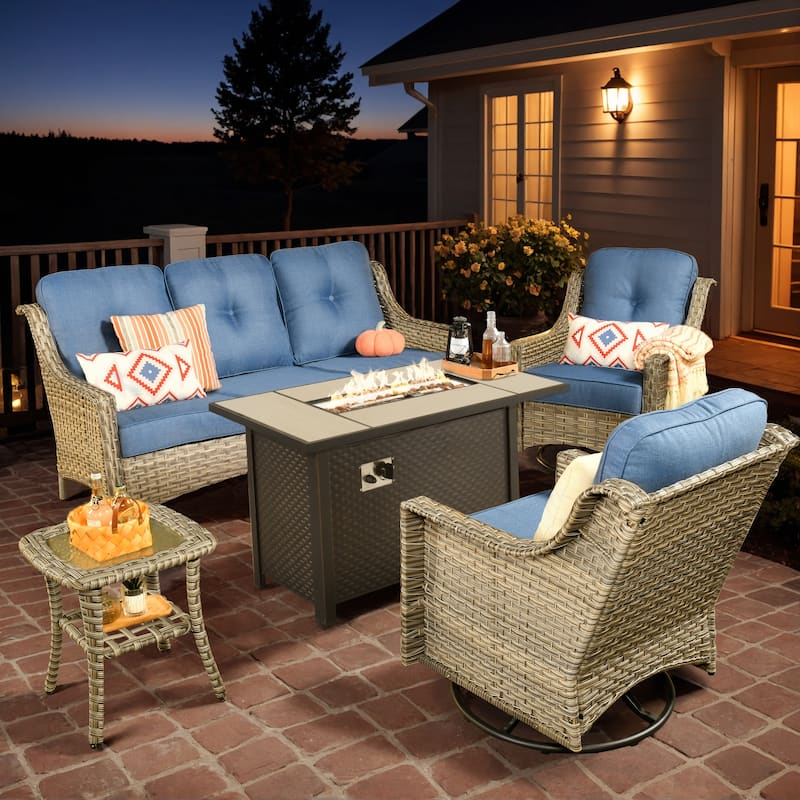 XIZZI Outdoor Wicker Patio Furniture Conversation Set with Fire Table - 5-piece - Diamond Blue