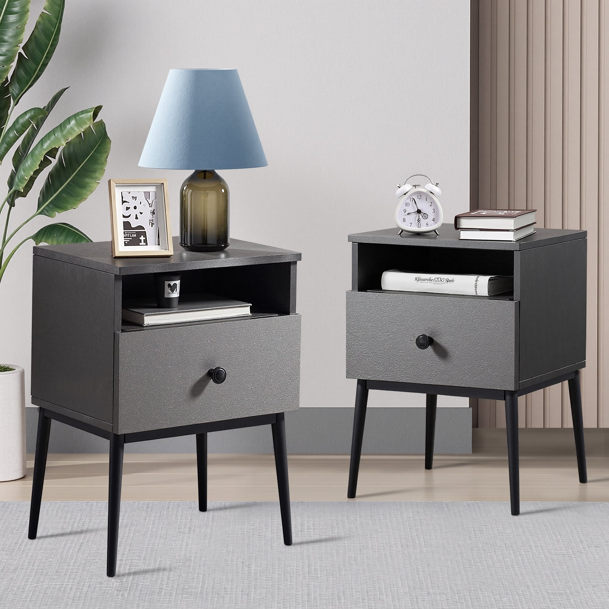 VECELO 2-Piece Medieval Style Nightstand Set with Drawers & Open Shelves 23.62" Tall Nightstand Set of 2 for Bedroom