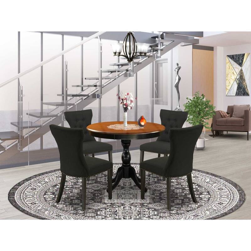 HomeStock 5-Piece Black and Cherry Finish Solid Wood Top Dining Table with 4 Upholstered Chairs