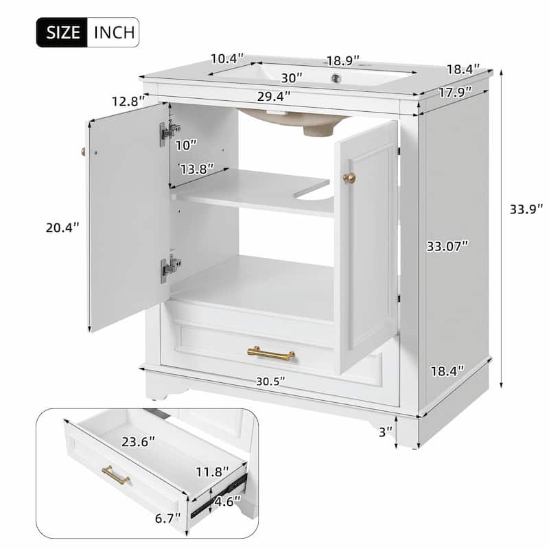 30" Luxurious Bathroom Vanity with Ceramic Sink - Bathroom Cabinet with 2 Large Soft Closing Doors