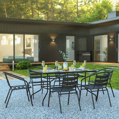 7 Piece Patio Dining Set - Glass Table, 6 Flex Stack Chairs