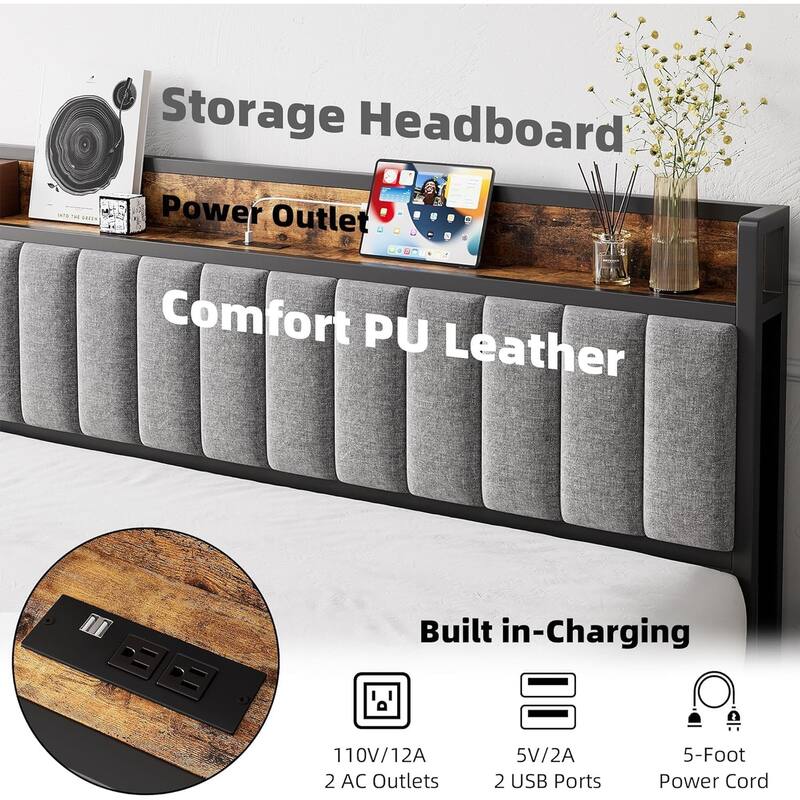 Full Size Upholstered Platform Bed Frame with Storage Headboard, Charging Station, Metal Slats, Noise-Free Design