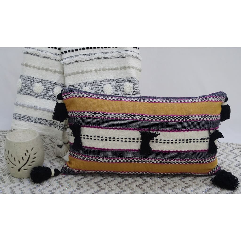 Vibhsa Handwoven 14"X 24" Throw Pillow with Poms