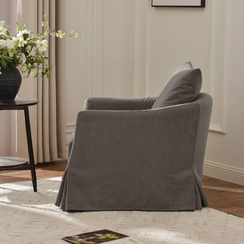 KINWELL 32" W Down Fill Upholstered Slipcovered Swivel Barrel Accent Armchair