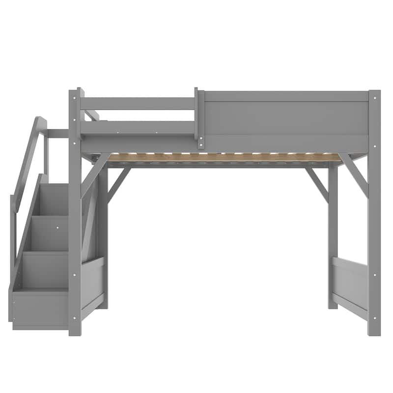 Full/Twin Loft Bed with Built-in Wardrobe, Storage & Stairs - Solid Wood, Full-Length Guardrails, No Box Spring