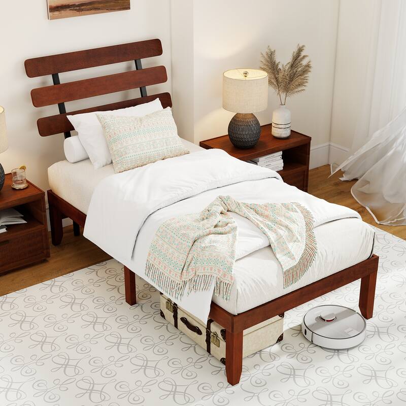 Walnut Twin Size Wooden Platform Bed Frame with Vintage Headboard and Under Bed Storage Solid Rubber Wood Construction