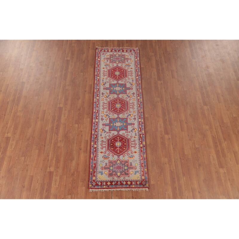 Geometric Grey Kazak Oriental Runner Rug Handmade Wool Carpet - 2'6"x 8'2"