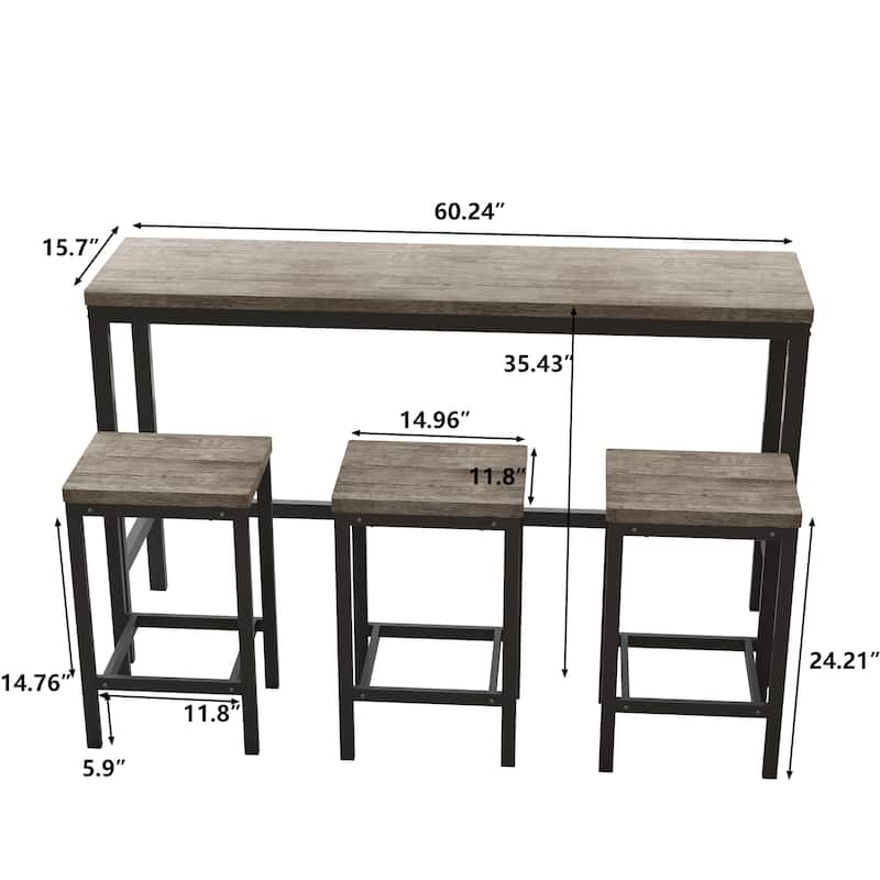 Long Dining Table Set with 3 Stools Pub Kitchen Set Side Table with Footrest