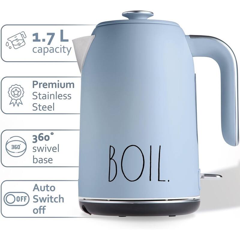 Rae Dunn Electric Hot Water Kettle - Stainless Steel, Swivel Base-Dry Protection, Easy Pour Pitcher, 1.7 Liters