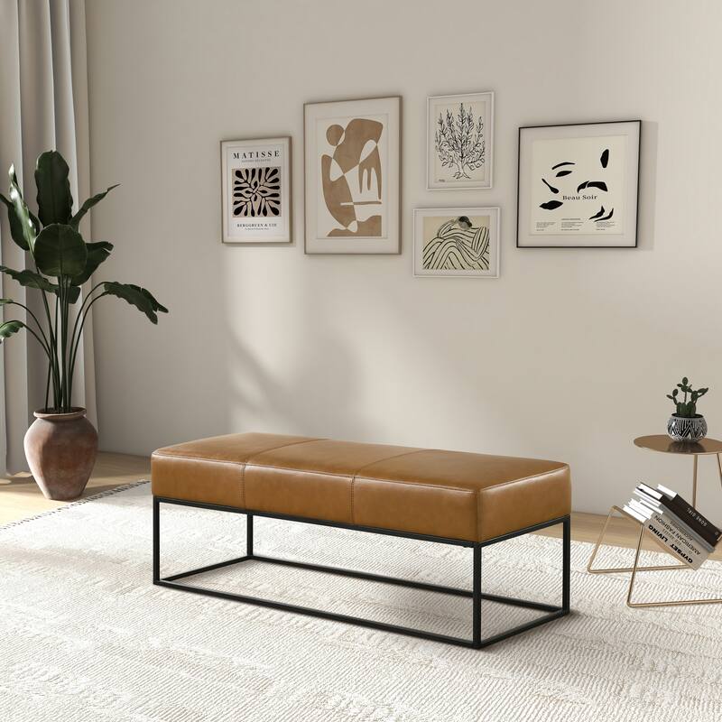 Vinta 48" Wide Mid Century Modern Tan Leather Bench with Metal Frame