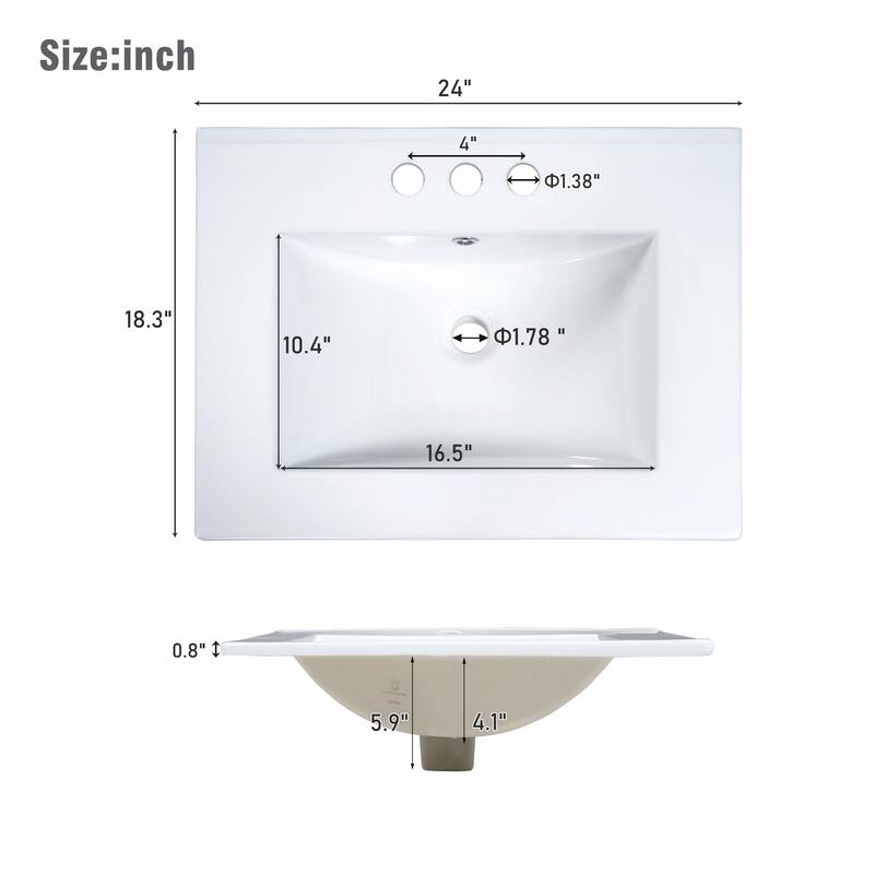 24-Inch Bathroom Vanity Cabinet with Ceramic Sink - 2 Drawers and 1 Door