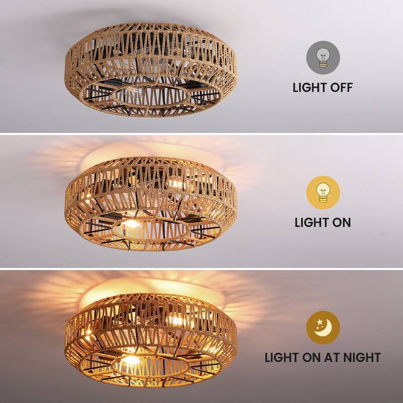 19 In. Rattan Low Profile Ceiling Fan With Lights And Remote, Black Flush Mount Ceiling Fan Light