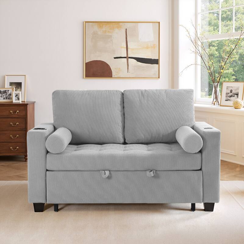 Corduroy Convertible Loveseat Sofa Bed Recliner with Cup Holder, USB Ports & Storage