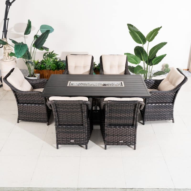 7-piece Aluminum Fire Pit Table and Wicker Chairs Set for Outdoor