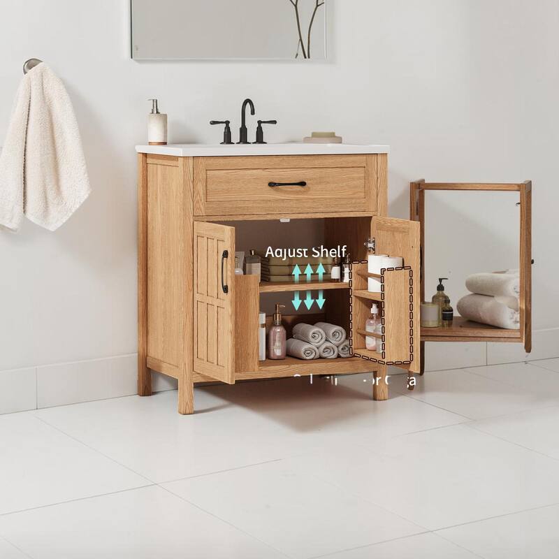 30 Inch Bathroom Vanity with Resin Sink, Solid Wood Bathroom Cabinet with Adjustable Shelf and Door Organizers