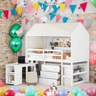 Twin Size House Shape Loft Bed with Rolling Cabinet, Twin Size Loft Kid