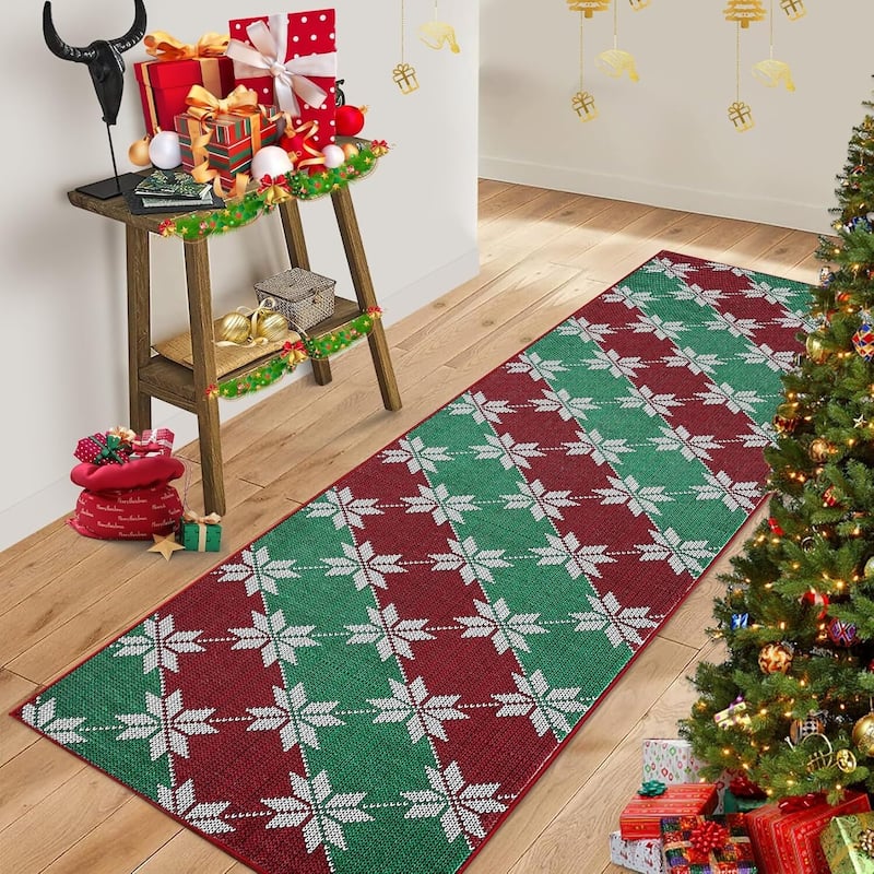 GustoWave Christmas Geometric Throw Area Rugs, Non Slip Machine Washable, Green+Red - 1'6" x 2'6" - Multi 2*8ft