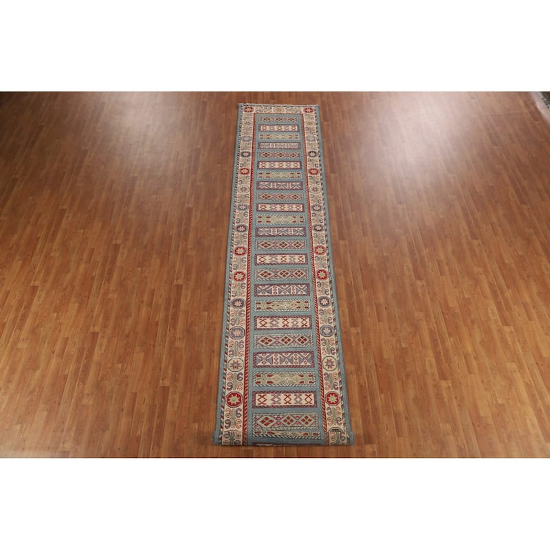 Blue Geometric Kazak Runner Rug Hand-Knotted Traditional Wool Carpet - 3'4" x 16'4"