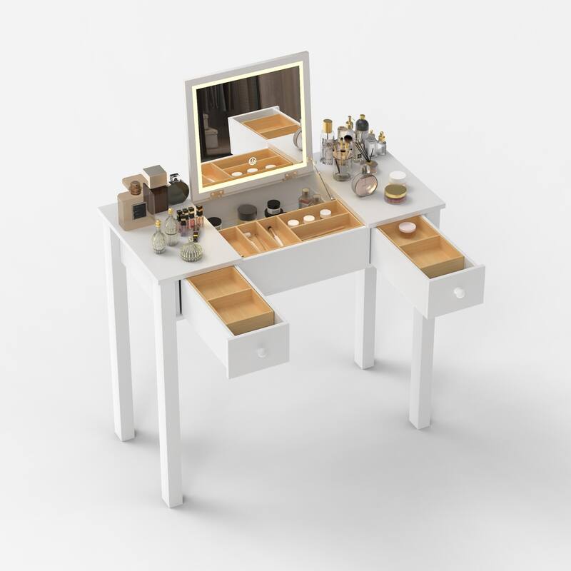 Small Flip Top Makeup Table with LED Lights, Mirror, 2 Drawers