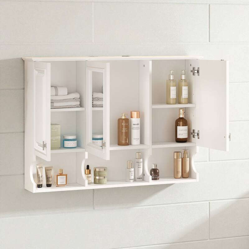 41" Wall Mounted Mirror Medicine Cabinet with Adjustable Shelves, Solid Wood Frame, Bathroom Storage Over Toilet